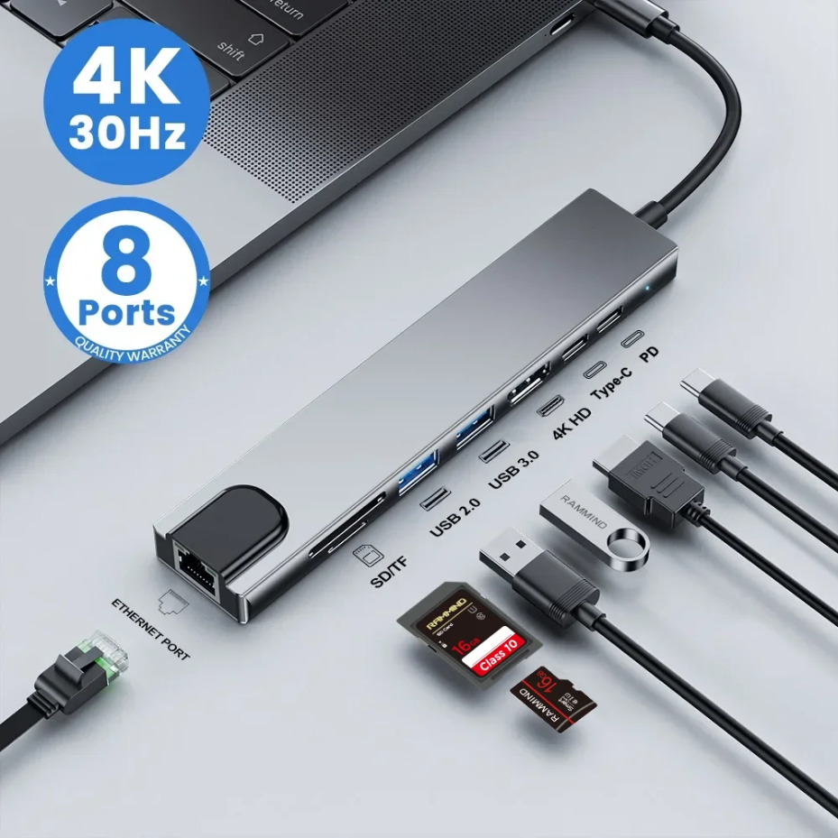 Multi Port Usb Hub - 8-w-1 stacja dokująca typu C, 8-w-1